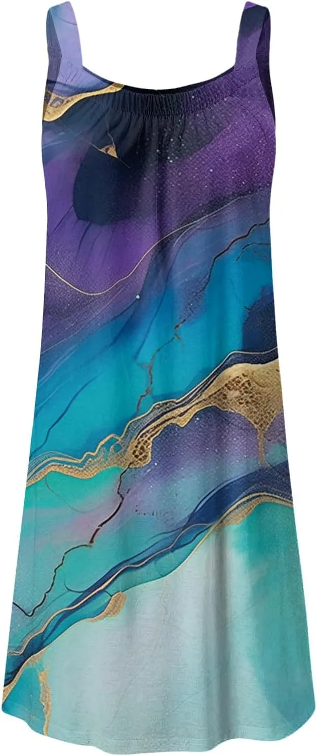 2024 Women's Sundress Summer Trendy Pleated Tank Dress Cute Sleeveless Crew Neck Mini Dresses Beach Vacation Sun Dress