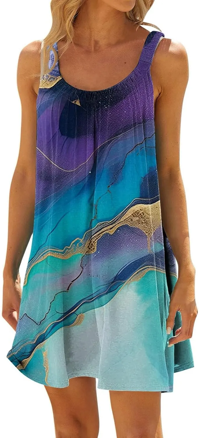 2024 Women's Sundress Summer Trendy Pleated Tank Dress Cute Sleeveless Crew Neck Mini Dresses Beach Vacation Sun Dress