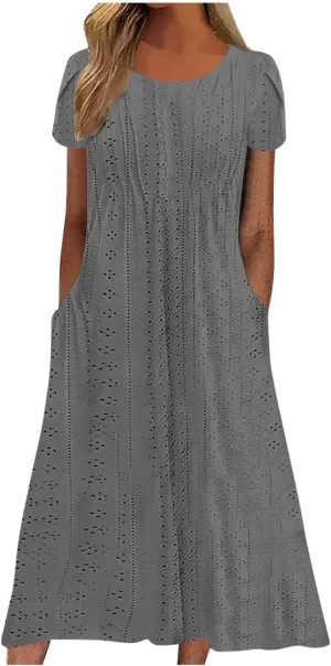 2025 Summer Dress for Womens Dressy Casual Sundress Hollow Out Eyelet Embroidery Maxi Dress Petal Sleeve Beach Dresses