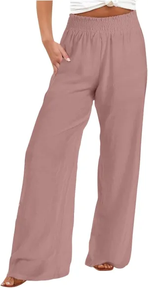 2025 Women's Casual Cotton Linen Pants with Pockets Summer Relax Fit Elastic Waist Straight Leg Trouser Pants