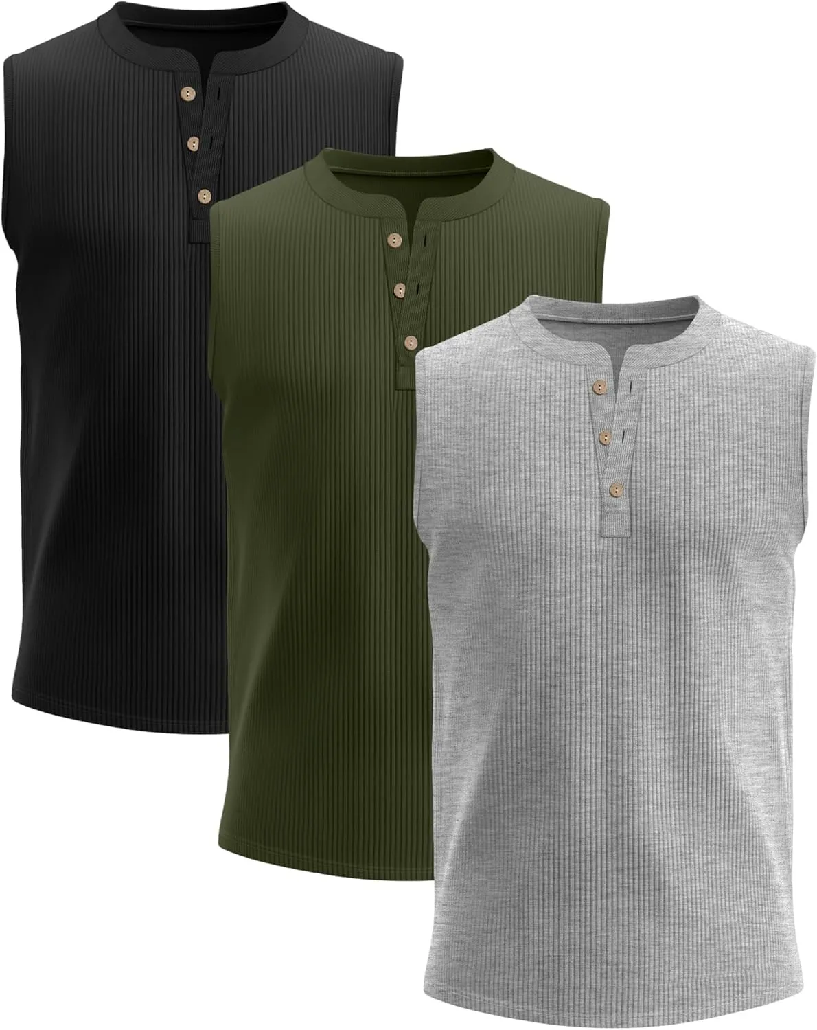 3 Pcs Men's Big and Tall Tank Top Ribbed Plus Size Sleeveless Henley Shirt Crewneck T Shirt 1X-5X