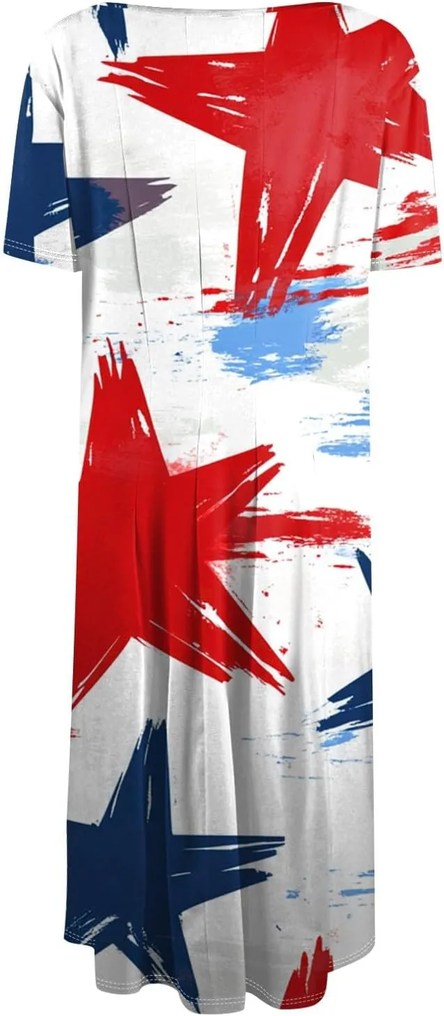 4th of July Dresses for Women Summer Casual Short Sleeve Crewneck A-Line Midi American Flag Independence Day Outfits