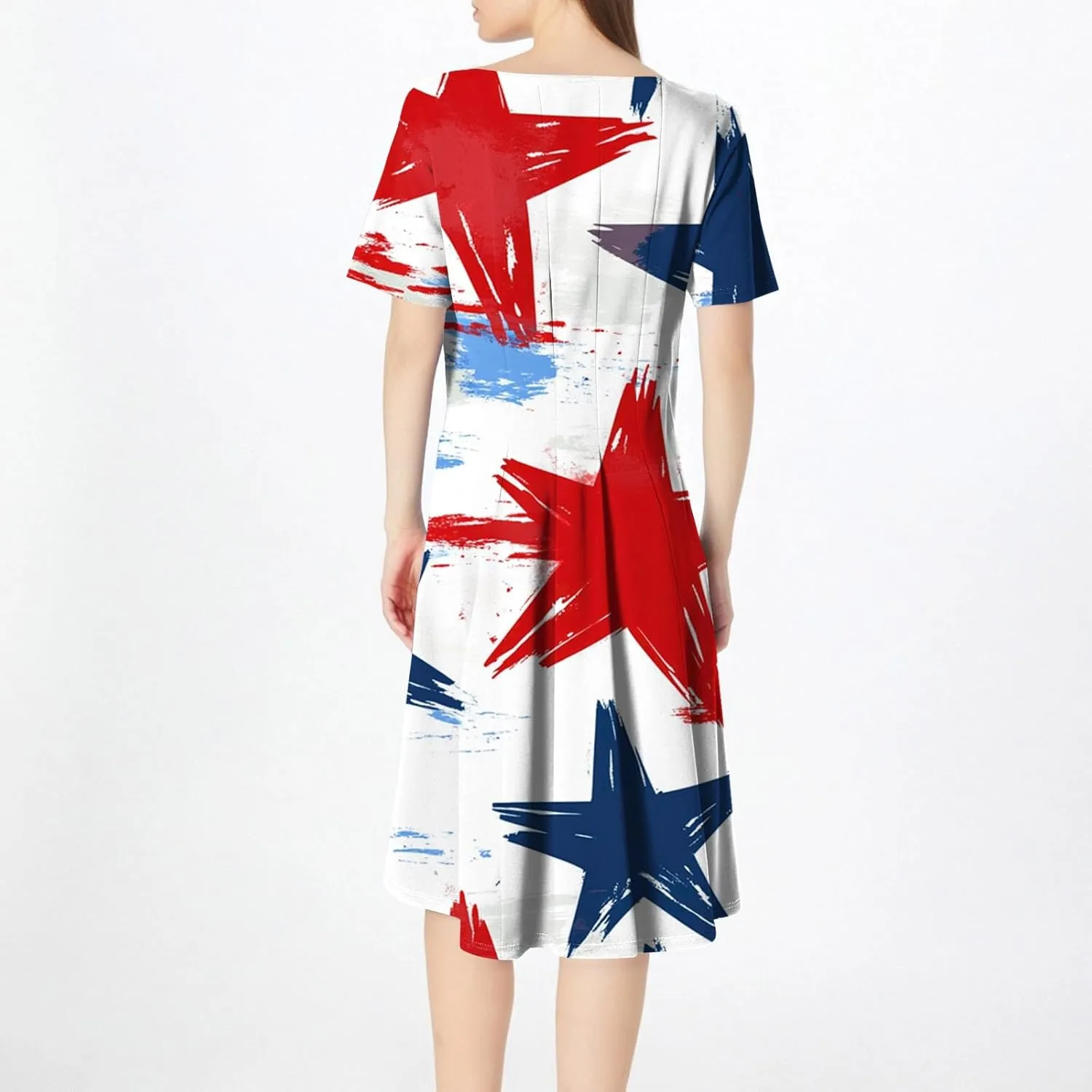 4th of July Dresses for Women Summer Casual Short Sleeve Crewneck A-Line Midi American Flag Independence Day Outfits