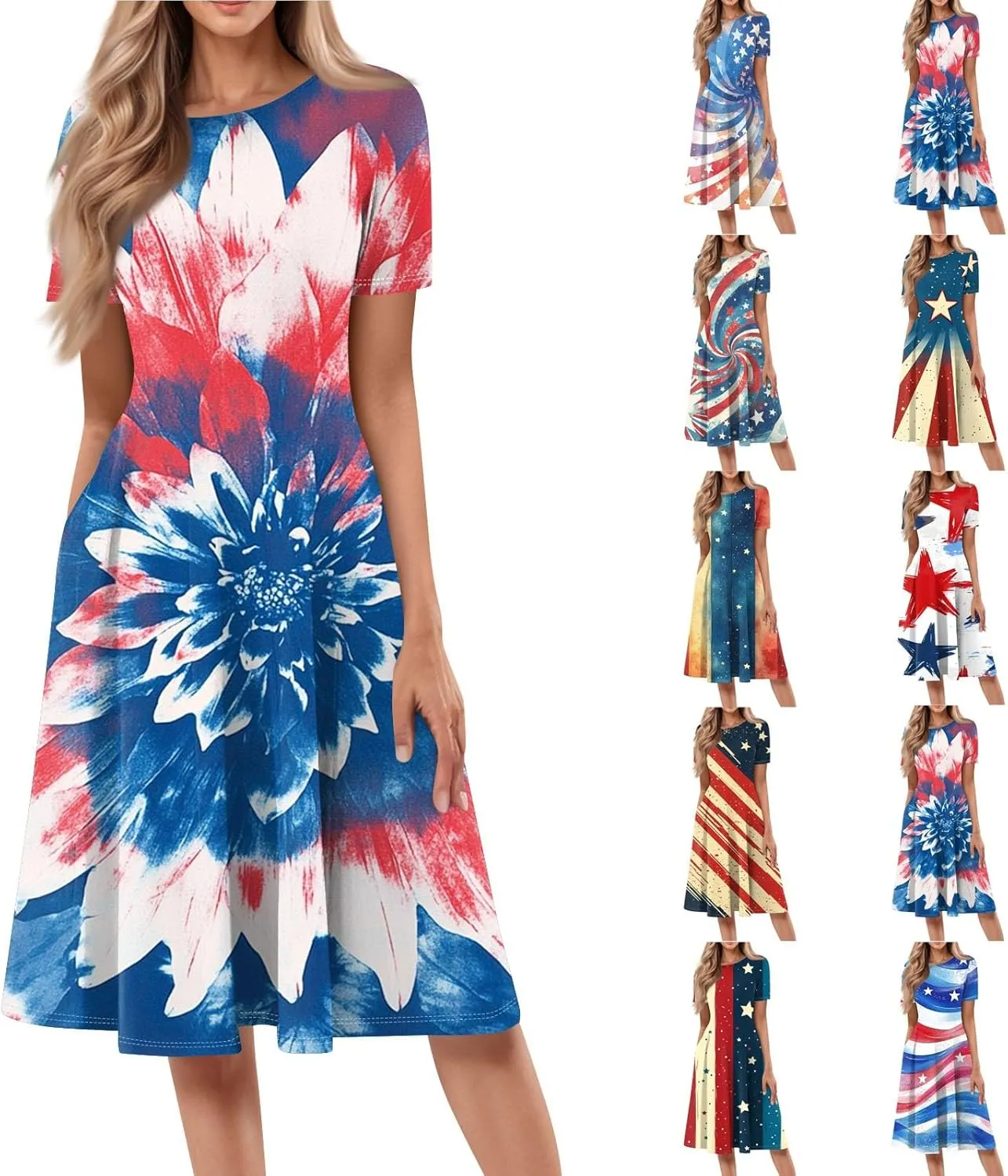 4th of July Dresses for Women Summer Casual Short Sleeve Crewneck A-Line Midi American Flag Independence Day Outfits