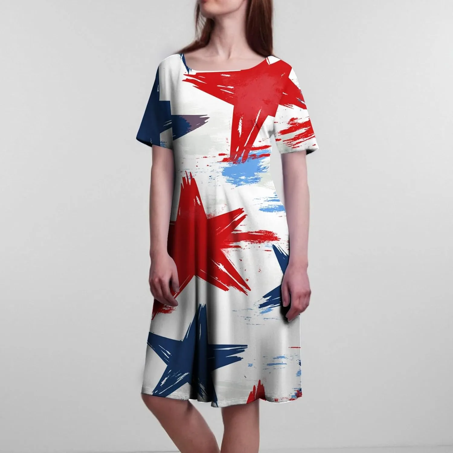 4th of July Dresses for Women Summer Casual Short Sleeve Crewneck A-Line Midi American Flag Independence Day Outfits