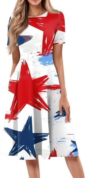 4th of July Dresses for Women Summer Casual Short Sleeve Crewneck A-Line Midi American Flag Independence Day Outfits