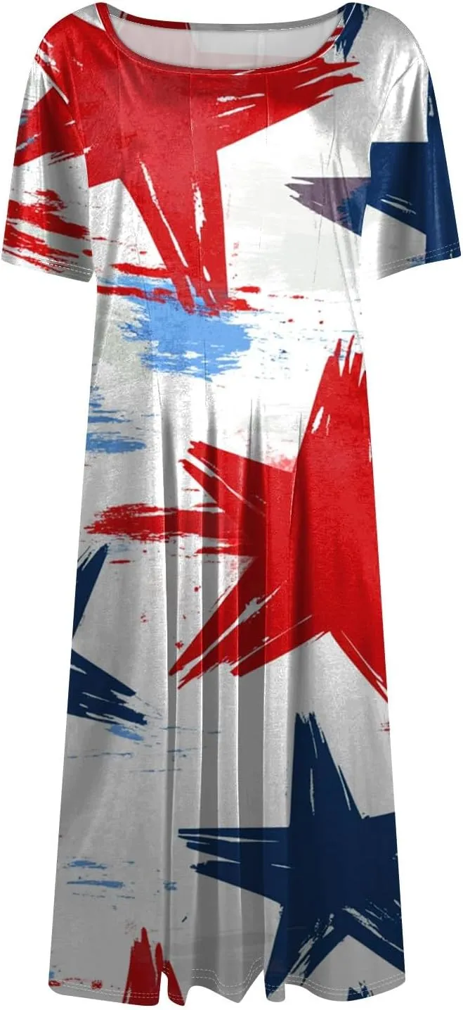 4th of July Dresses for Women Summer Casual Short Sleeve Crewneck A-Line Midi American Flag Independence Day Outfits