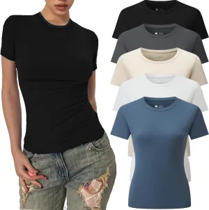 5 Pack Women's Crew Neck Ribbed Fitted Shirt Basic Short Sleeves Summer Bodycon Crop Tunics Going Out T Shirt Tops