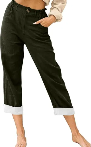 ADHOWBEW Capri Pants for Women Petite Lounge Dressy Casual Trendy Drawstring Flowy Summer High Waist Slacks with Pockets