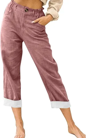 ADHOWBEW Capri Pants for Women Petite Lounge Dressy Casual Trendy Drawstring Flowy Summer High Waist Slacks with Pockets