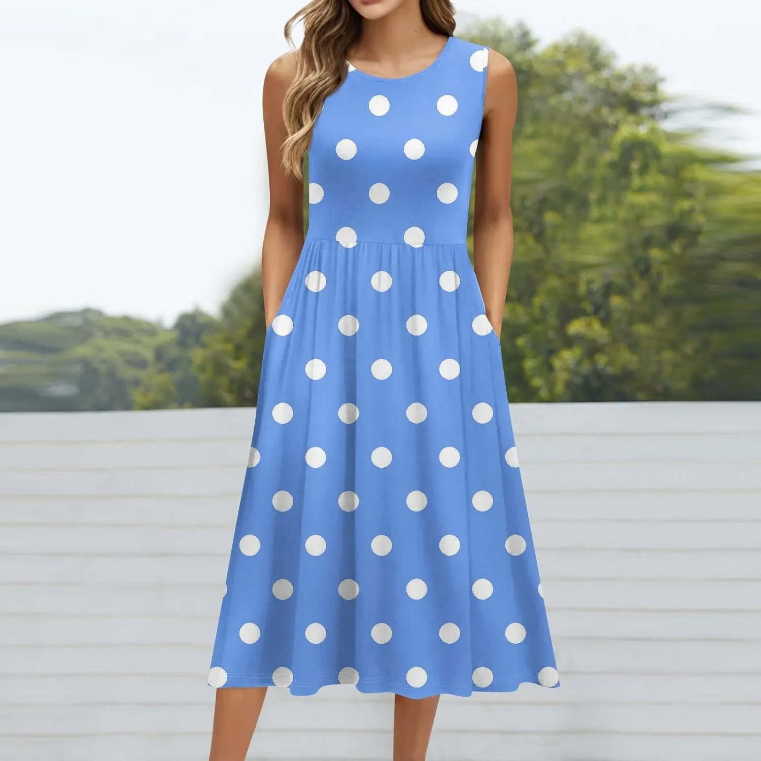 ADHOWBEW Dresses for Women 2025 Round Neck Flowy Casual Plus Size Sexy Vacation Sleeveless Long Dresses
