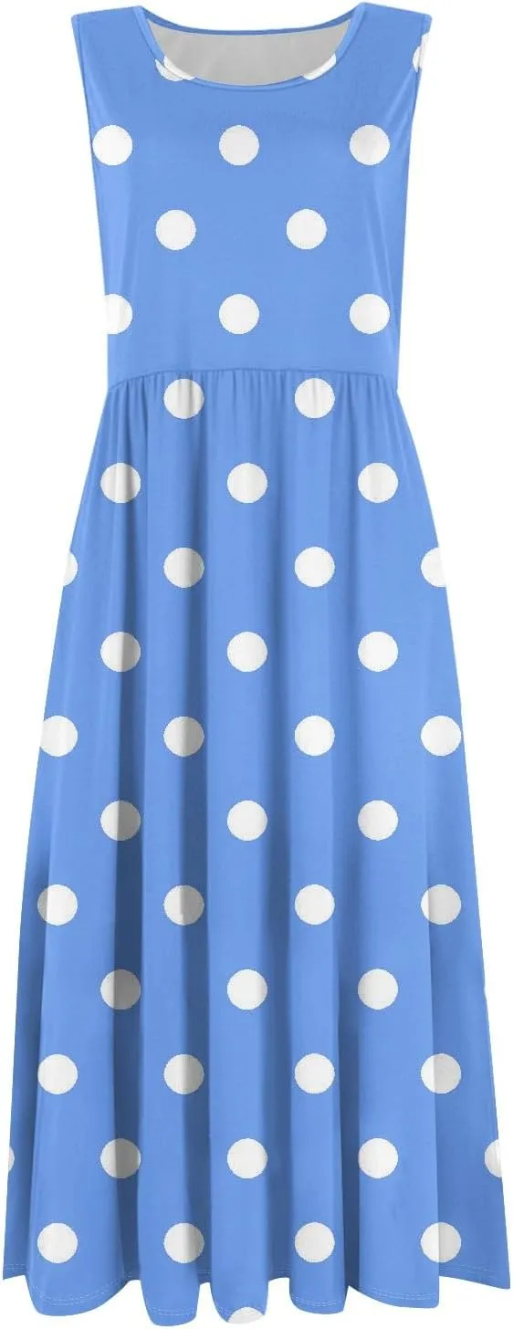 ADHOWBEW Dresses for Women 2025 Round Neck Flowy Casual Plus Size Sexy Vacation Sleeveless Long Dresses