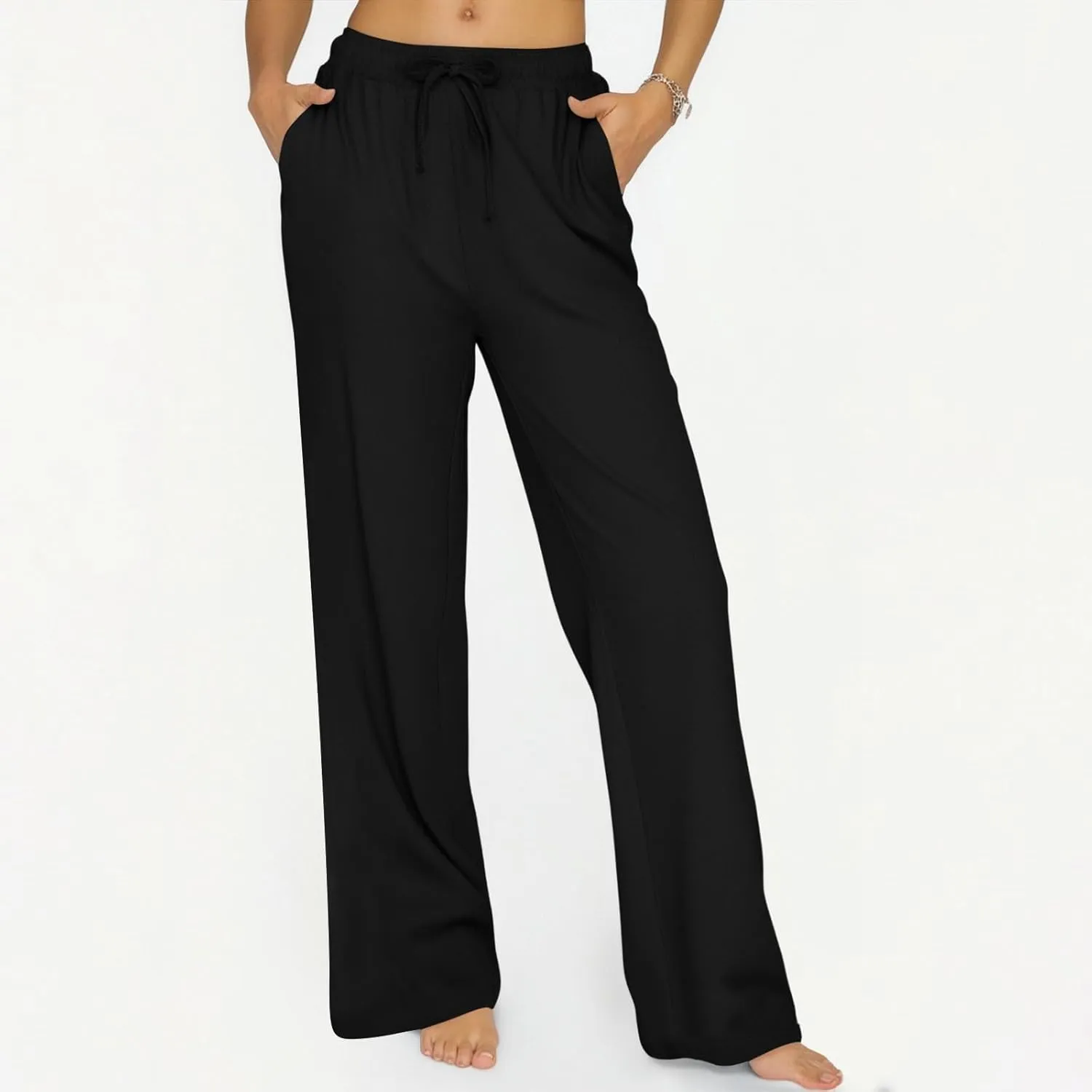 ADHOWBEW Lightweight Capri Pants for Women Casual Cotton Summer Dressy High Waist Drawstring Flowy Slacks with Pockets