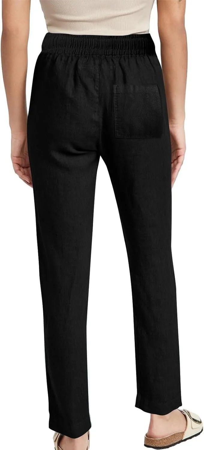 ADHOWBEW Lightweight Capri Pants for Women Casual Cotton Summer Dressy High Waist Drawstring Flowy Slacks with Pockets