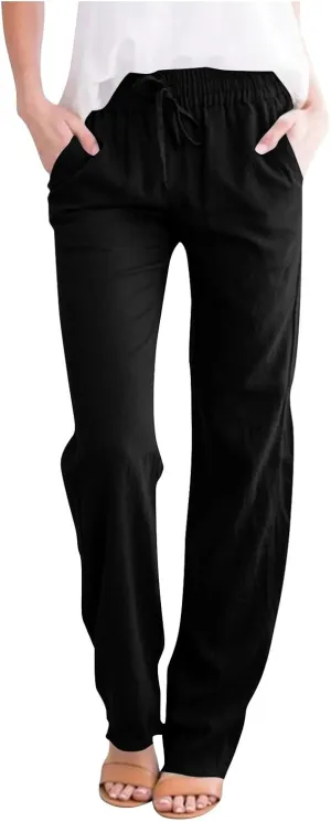 ADHOWBEW Lightweight Capri Pants for Women Casual Cotton Summer Dressy High Waist Drawstring Flowy Slacks with Pockets