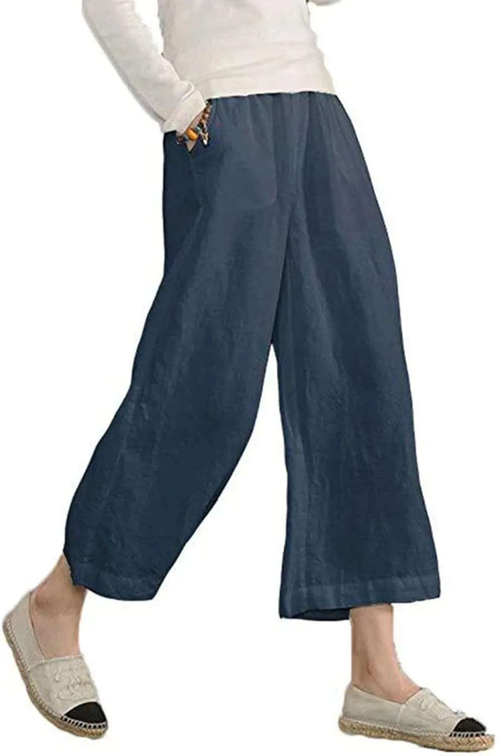 ADHOWBEW Linen Capri Pants for Women Lounge Flowy Wide Leg Summer High Waist Trendy Dressy Comfy Casual Slacks with Pockets
