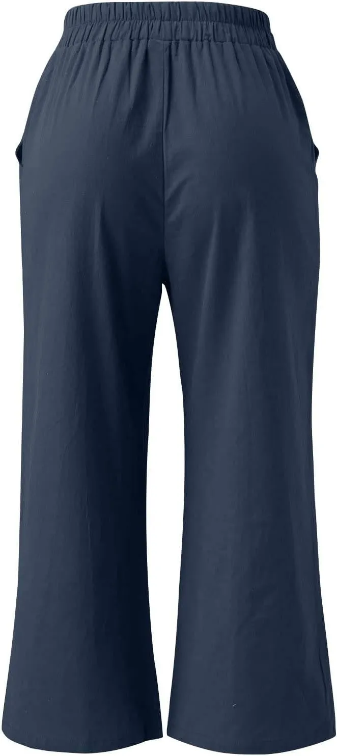 ADHOWBEW Linen Capri Pants for Women Lounge Flowy Wide Leg Summer High Waist Trendy Dressy Comfy Casual Slacks with Pockets
