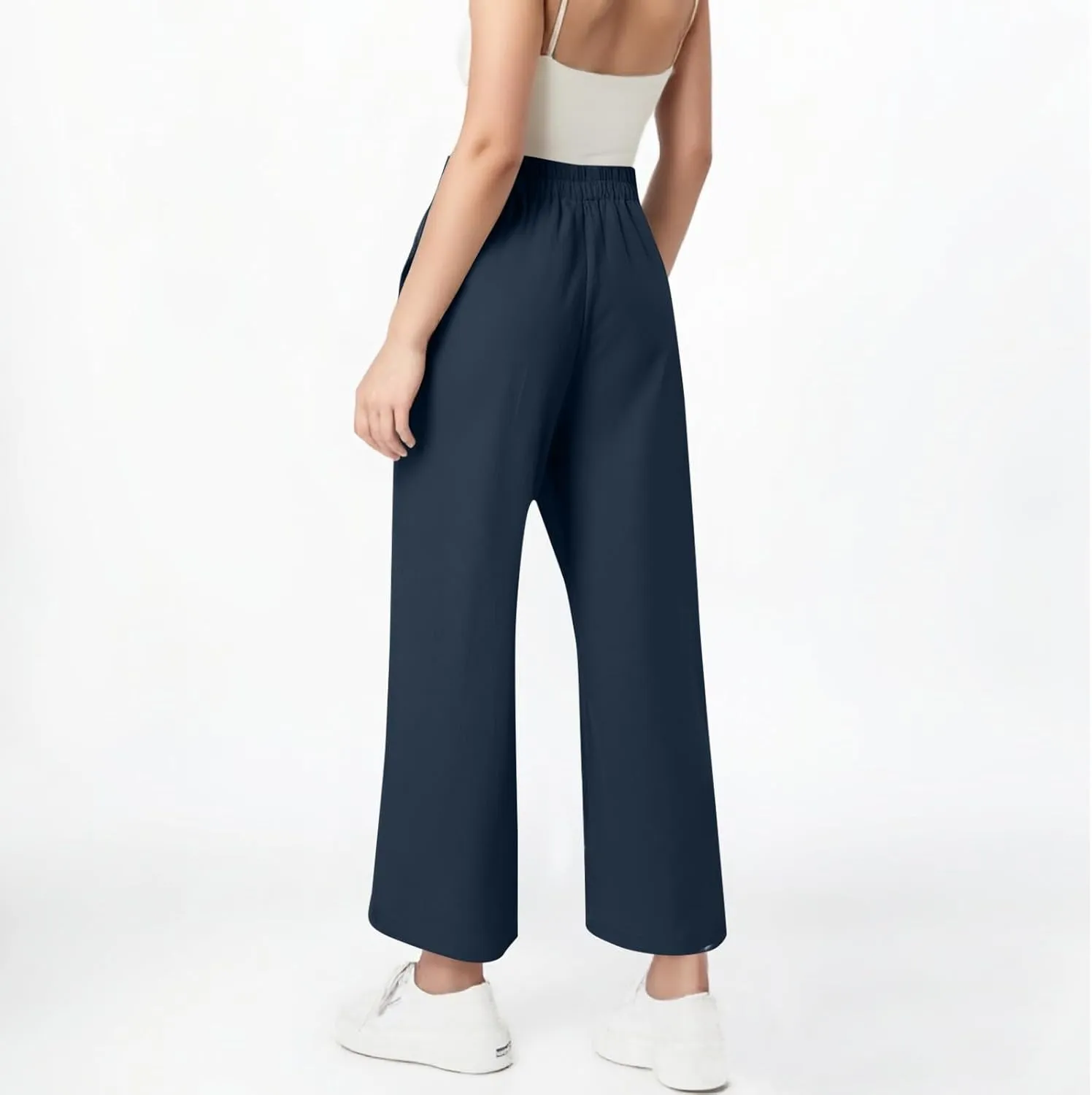 ADHOWBEW Linen Capri Pants for Women Lounge Flowy Wide Leg Summer High Waist Trendy Dressy Comfy Casual Slacks with Pockets