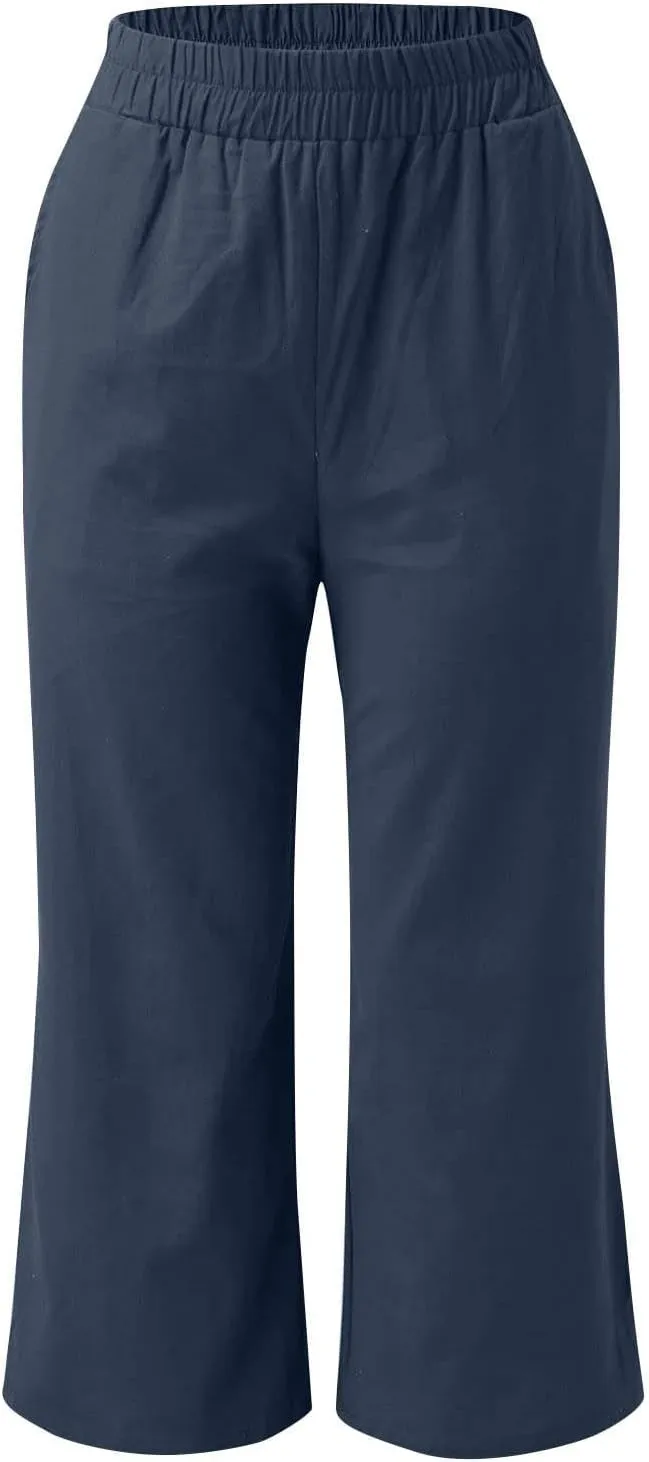 ADHOWBEW Linen Capri Pants for Women Lounge Flowy Wide Leg Summer High Waist Trendy Dressy Comfy Casual Slacks with Pockets