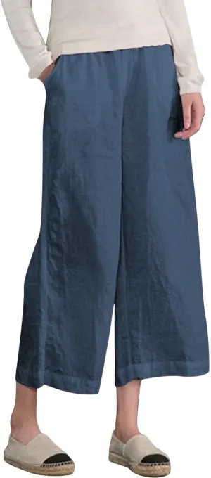 ADHOWBEW Linen Capri Pants for Women Lounge Flowy Wide Leg Summer High Waist Trendy Dressy Comfy Casual Slacks with Pockets