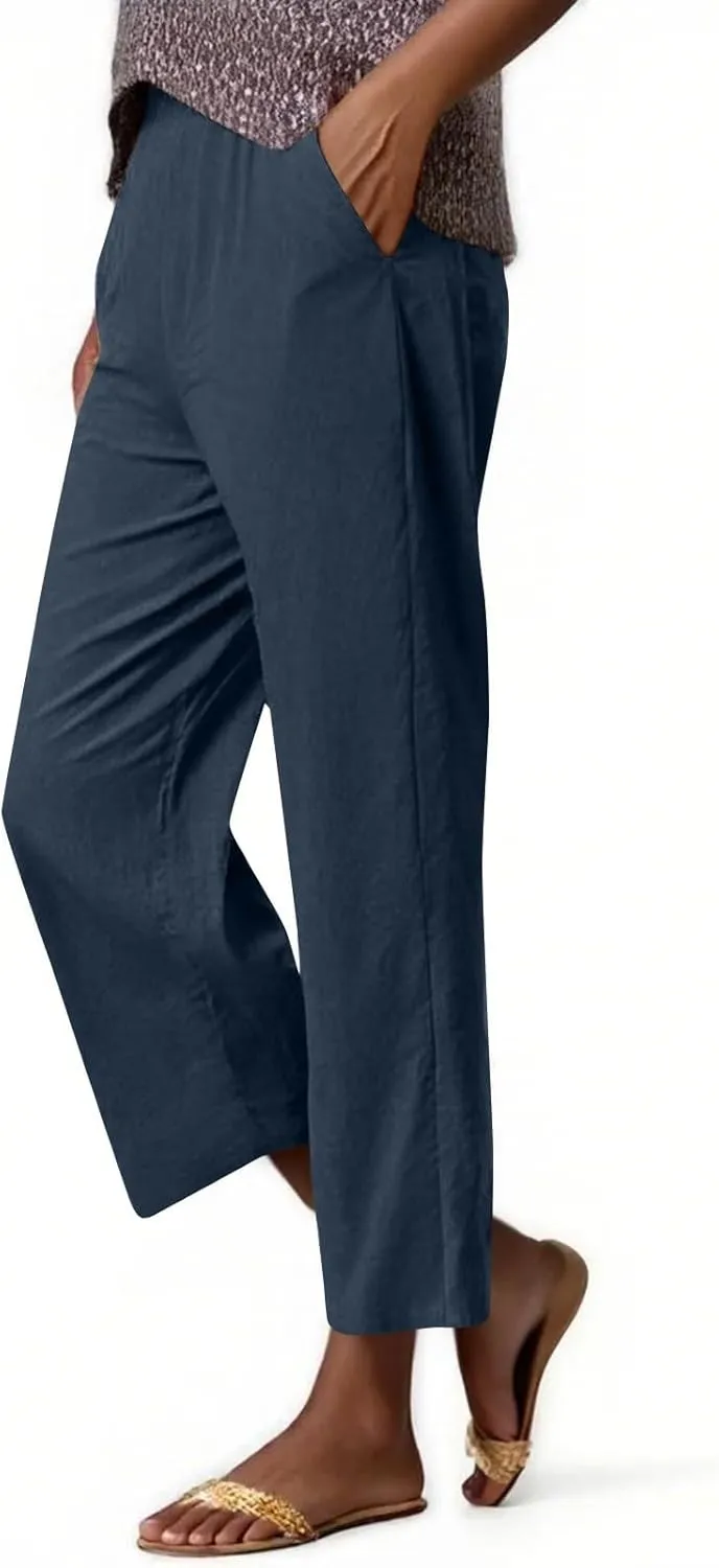 ADHOWBEW Linen Capri Pants for Women Lounge Flowy Wide Leg Summer High Waist Trendy Dressy Comfy Casual Slacks with Pockets