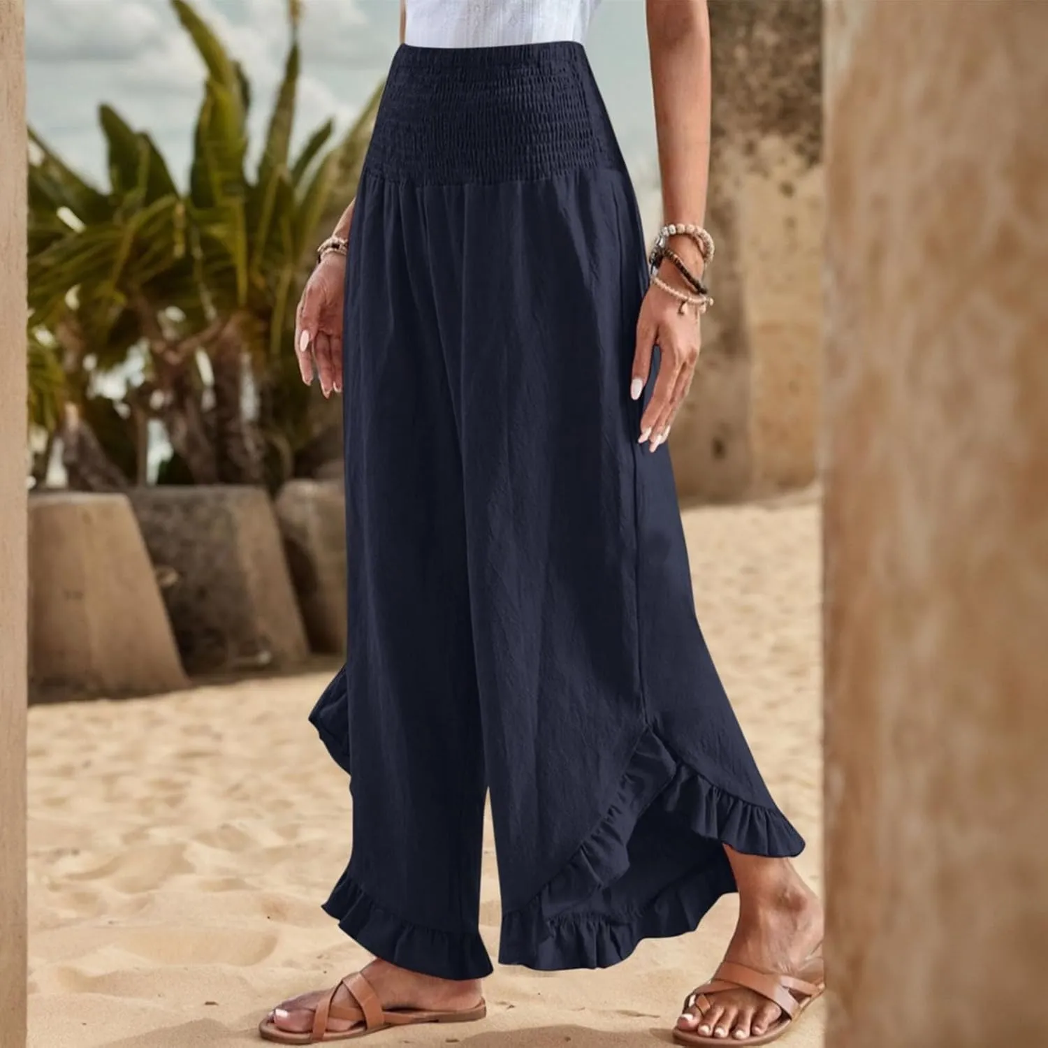 ADHOWBEW Linen Pants for Women Work High Waisted Lounge Plus Size Stretch Cotton Casual Dressy Flowy Pants Bottoms