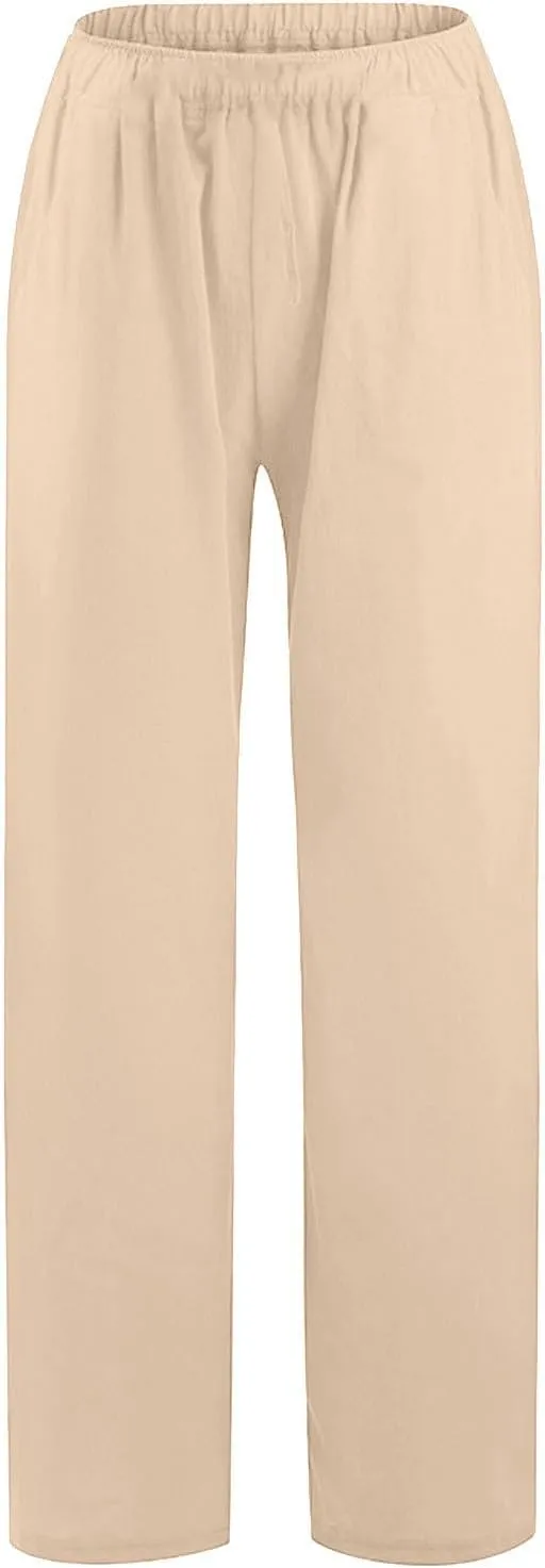 ADHOWBEW Linen Pants Women Casual Plus Size Stretch Petite Dressy Cotton Flowy High Waisted Work Lounge Dress Pants