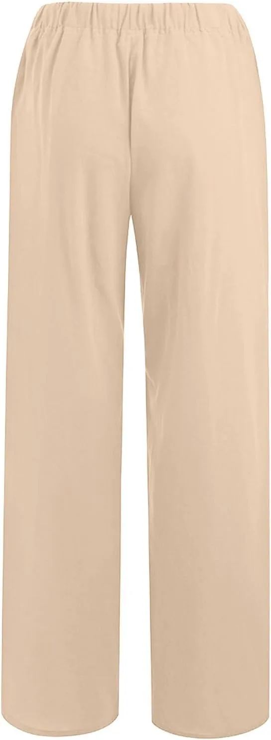 ADHOWBEW Linen Pants Women Casual Plus Size Stretch Petite Dressy Cotton Flowy High Waisted Work Lounge Dress Pants