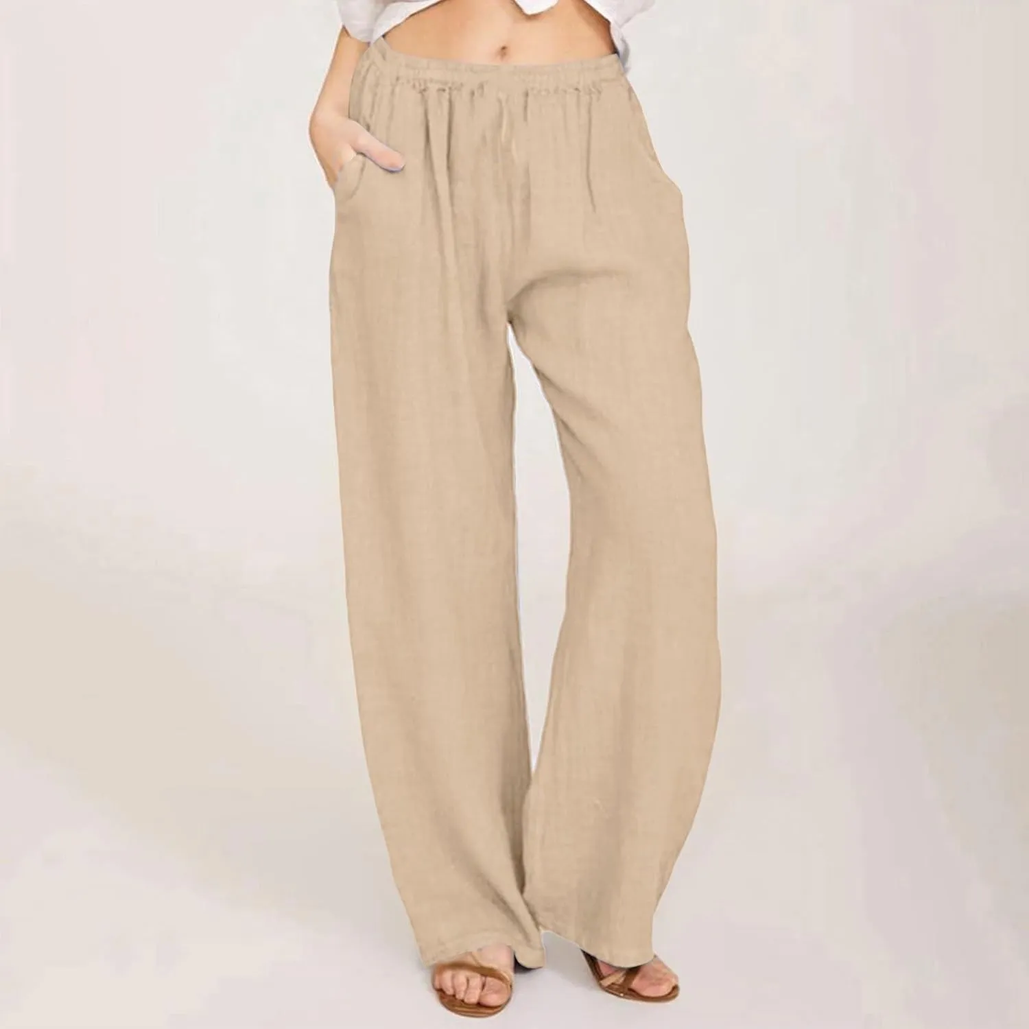 ADHOWBEW Linen Pants Women Casual Plus Size Stretch Petite Dressy Cotton Flowy High Waisted Work Lounge Dress Pants