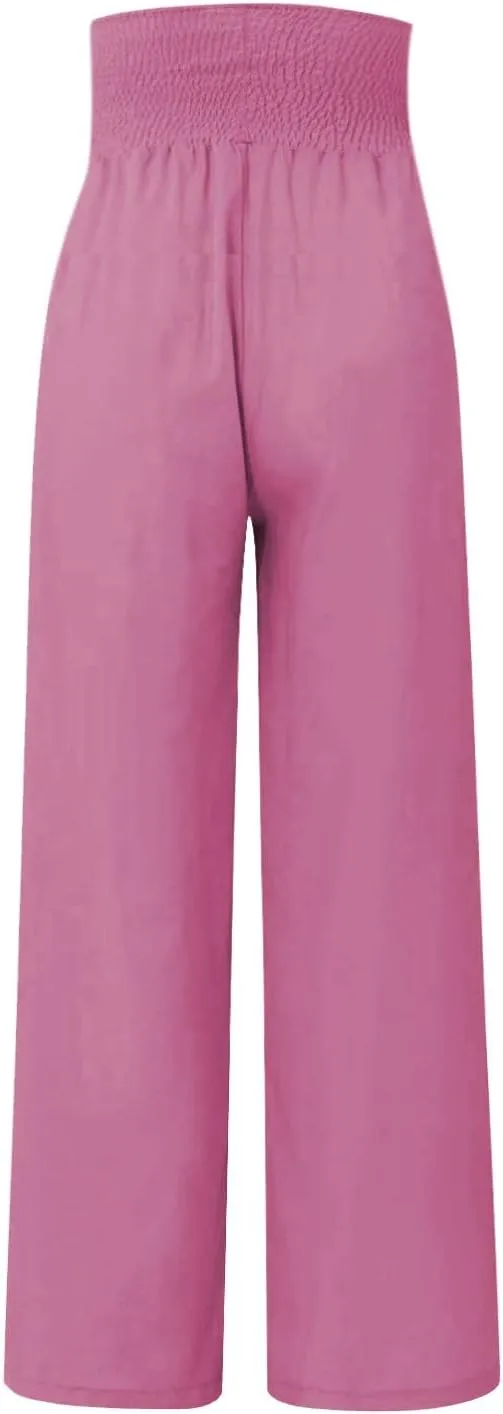 ADHOWBEW Women Linen Pants High Waisted Work Casual Lounge Plus Size Cotton Stretch Dressy Petite Flowy Palazzo Pants