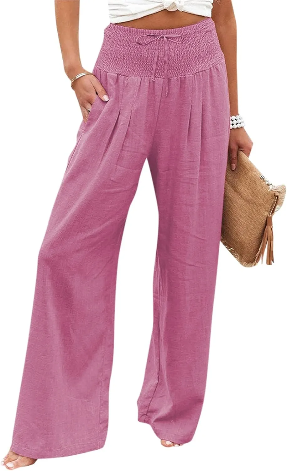 ADHOWBEW Women Linen Pants High Waisted Work Casual Lounge Plus Size Cotton Stretch Dressy Petite Flowy Palazzo Pants
