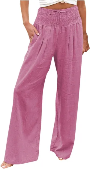 ADHOWBEW Women Linen Pants High Waisted Work Casual Lounge Plus Size Cotton Stretch Dressy Petite Flowy Palazzo Pants