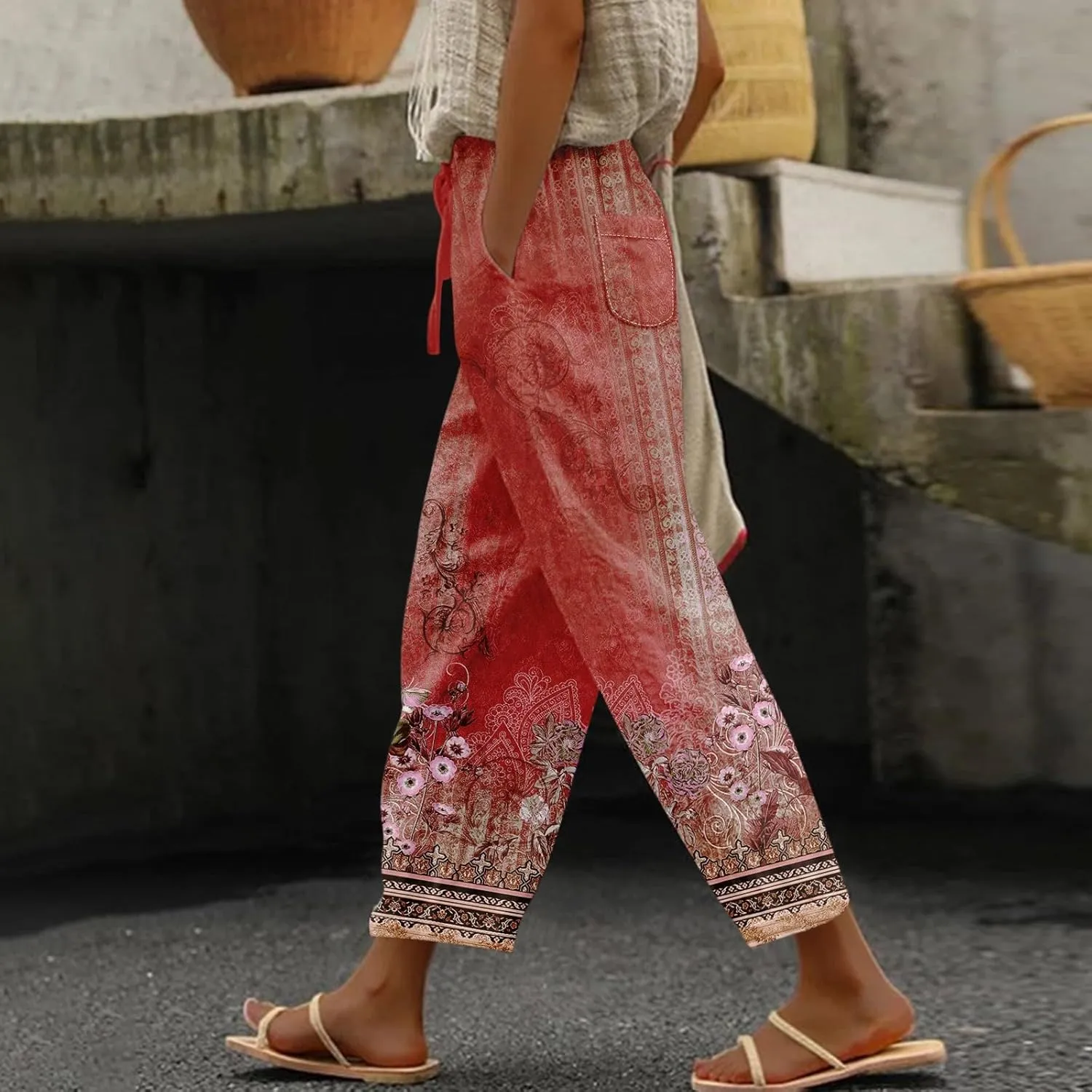 ADHOWBEW Women Linen Pants Plus Size Petite Dressy Cotton Stretch Work Casual Flowy High Waisted Lounge Pants
