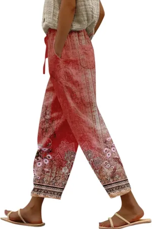 ADHOWBEW Women Linen Pants Plus Size Petite Dressy Cotton Stretch Work Casual Flowy High Waisted Lounge Pants