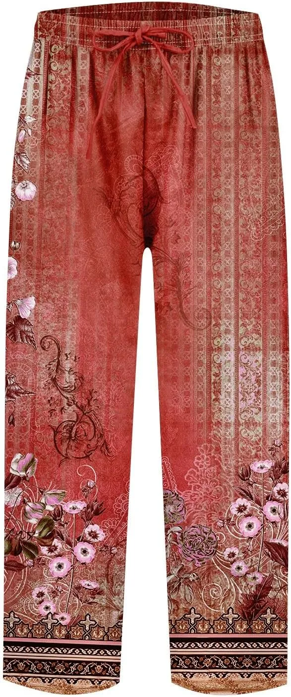 ADHOWBEW Women Linen Pants Plus Size Petite Dressy Cotton Stretch Work Casual Flowy High Waisted Lounge Pants
