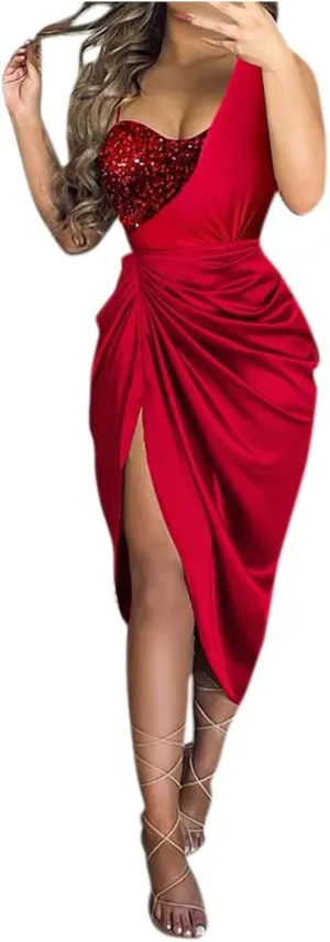ADHOWBEW Womens One Shoulder Sequin Cocktail Dresses Sexy Slit Plus Size Wedding Guest Party Homecoming Dresses