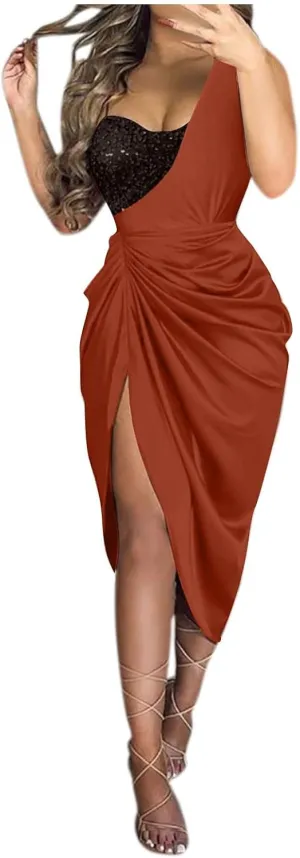 ADHOWBEW Womens One Shoulder Sequin Cocktail Dresses Sexy Slit Plus Size Wedding Guest Party Homecoming Dresses