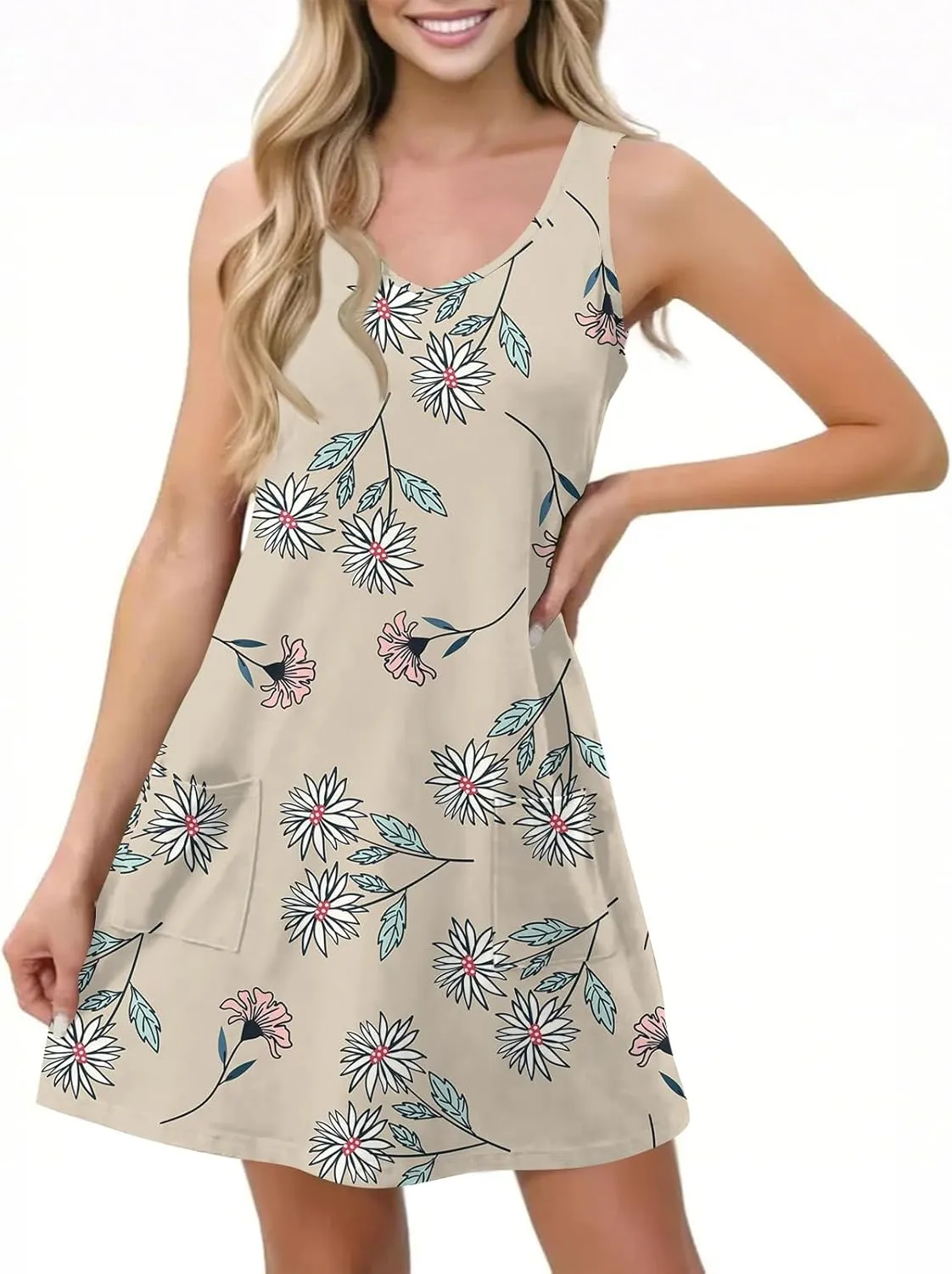 ADHOWBEW Womens Spring Dress Hawaiian V Neck Loose Fit Tropical Print Sexy Casual Comfy Trendy Cute Sleeveless Tank Dresses