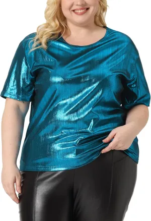 Agnes Orinda Plus Size Top Blouse for Women Metallic Round Neck Short Sleeve T-Shirt Party Blouses Tee Tops