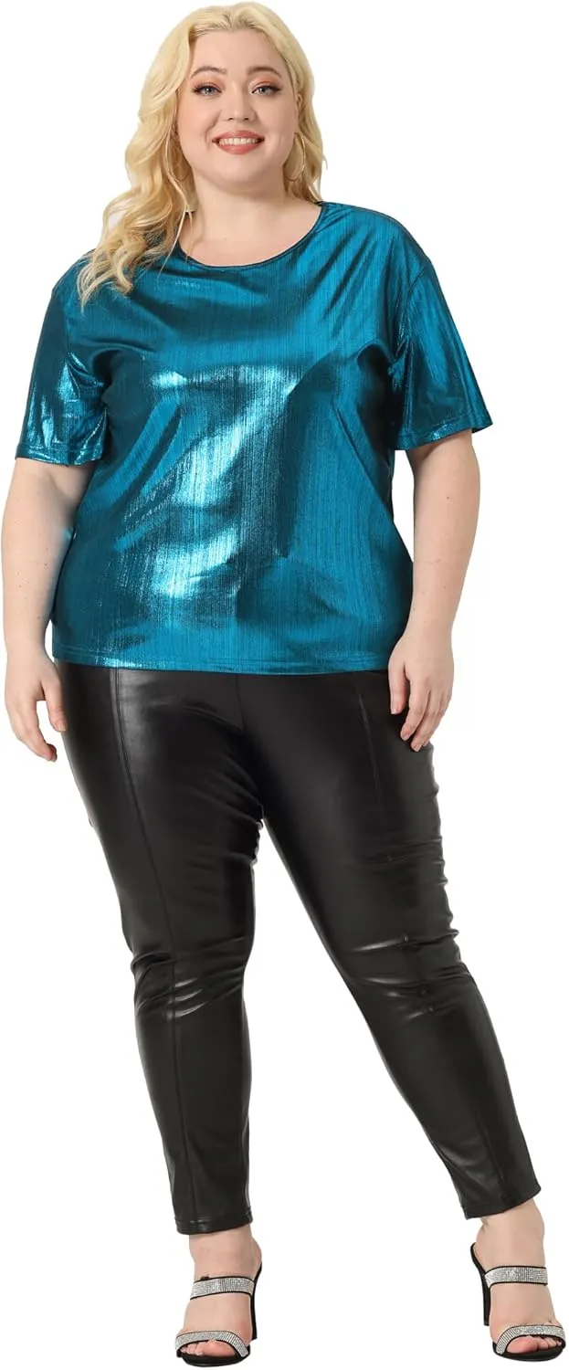 Agnes Orinda Plus Size Top Blouse for Women Metallic Round Neck Short Sleeve T-Shirt Party Blouses Tee Tops