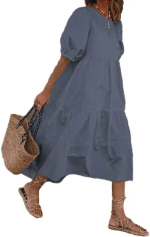 Akivide Women Cotton Linen Short Sleeve Maxi Dress Crewneck Tiered Solid Summer Casual Loose Flowy Beach Tshirt Dress