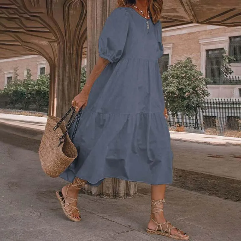 Akivide Women Cotton Linen Short Sleeve Maxi Dress Crewneck Tiered Solid Summer Casual Loose Flowy Beach Tshirt Dress