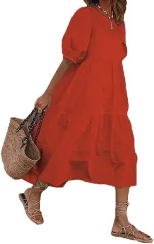 Akivide Women Cotton Linen Short Sleeve Maxi Dress Crewneck Tiered Solid Summer Casual Loose Flowy Beach Tshirt Dress