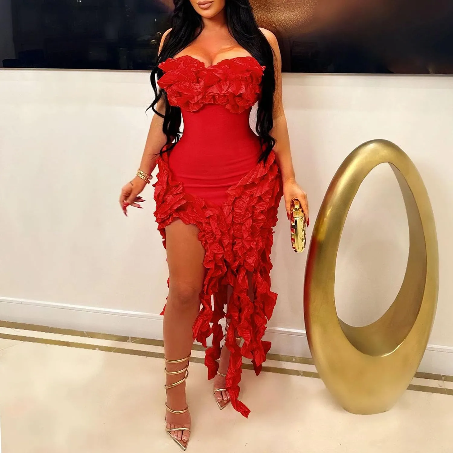 Akklian Womens Summer Ruffle Fringe Mini Dress Sexy Backless Irregular Ruffle Cocktail Dress Bodycon Tassel Party Dresses