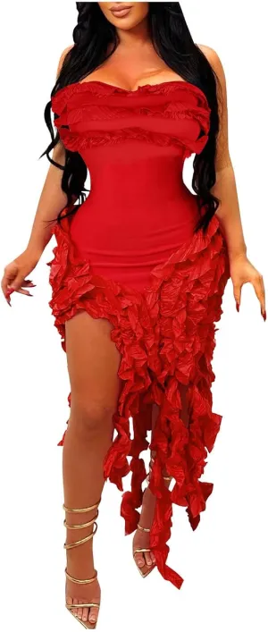 Akklian Womens Summer Ruffle Fringe Mini Dress Sexy Backless Irregular Ruffle Cocktail Dress Bodycon Tassel Party Dresses