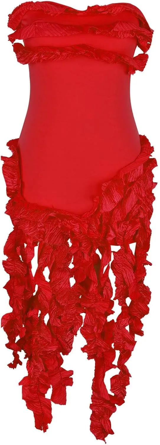 Akklian Womens Summer Ruffle Fringe Mini Dress Sexy Backless Irregular Ruffle Cocktail Dress Bodycon Tassel Party Dresses
