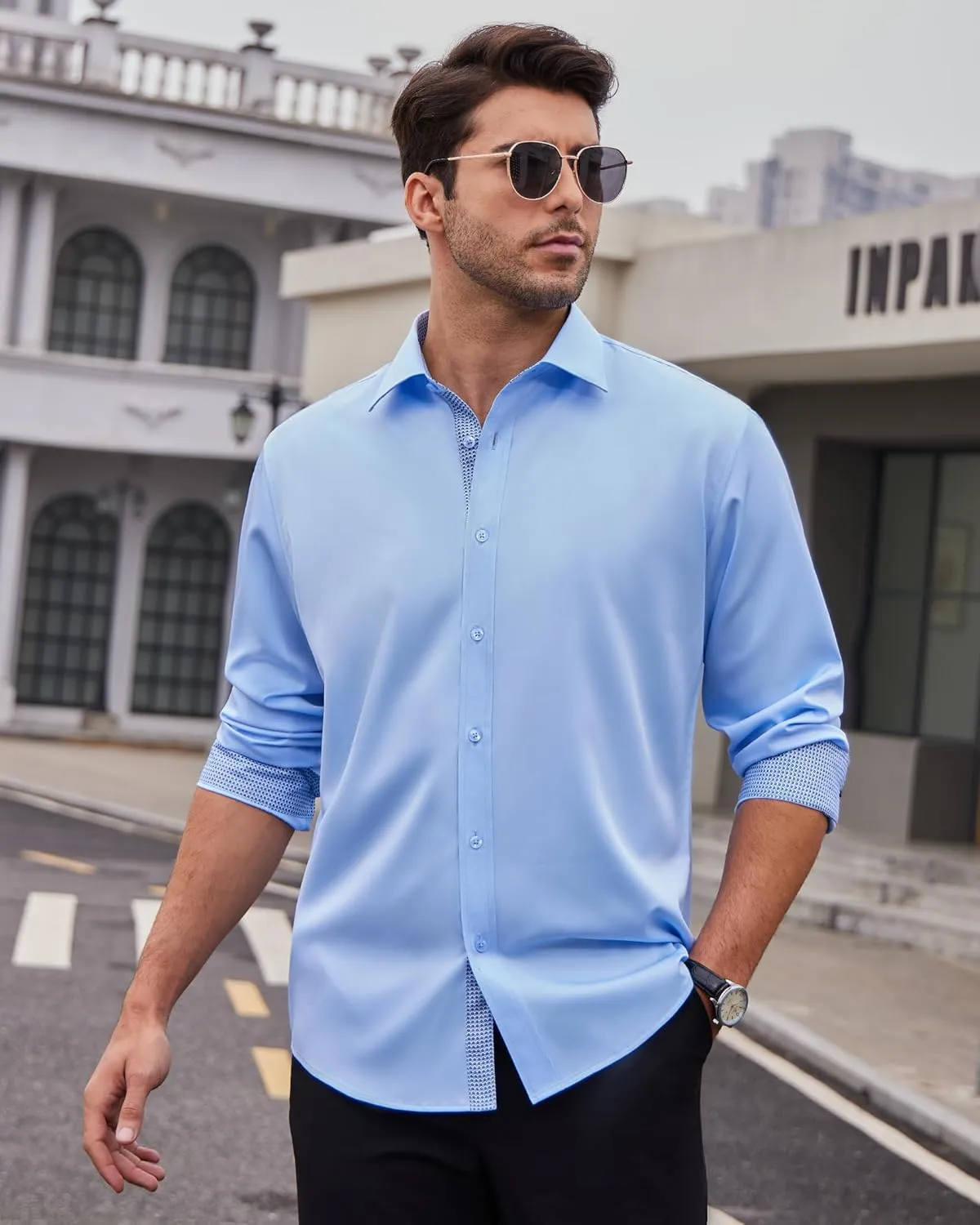 Alimens & Gentle Men's Dress Shirts Long Sleeve Wrinkle-Free Business Casual Button Down Shirt
