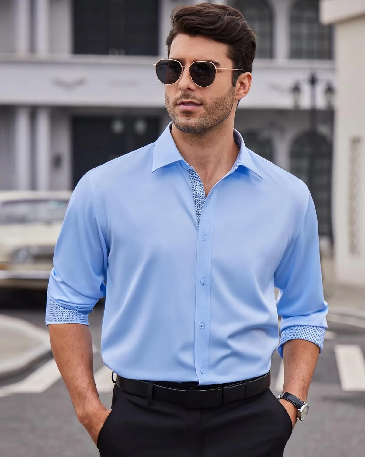 Alimens & Gentle Men's Dress Shirts Long Sleeve Wrinkle-Free Business Casual Button Down Shirt
