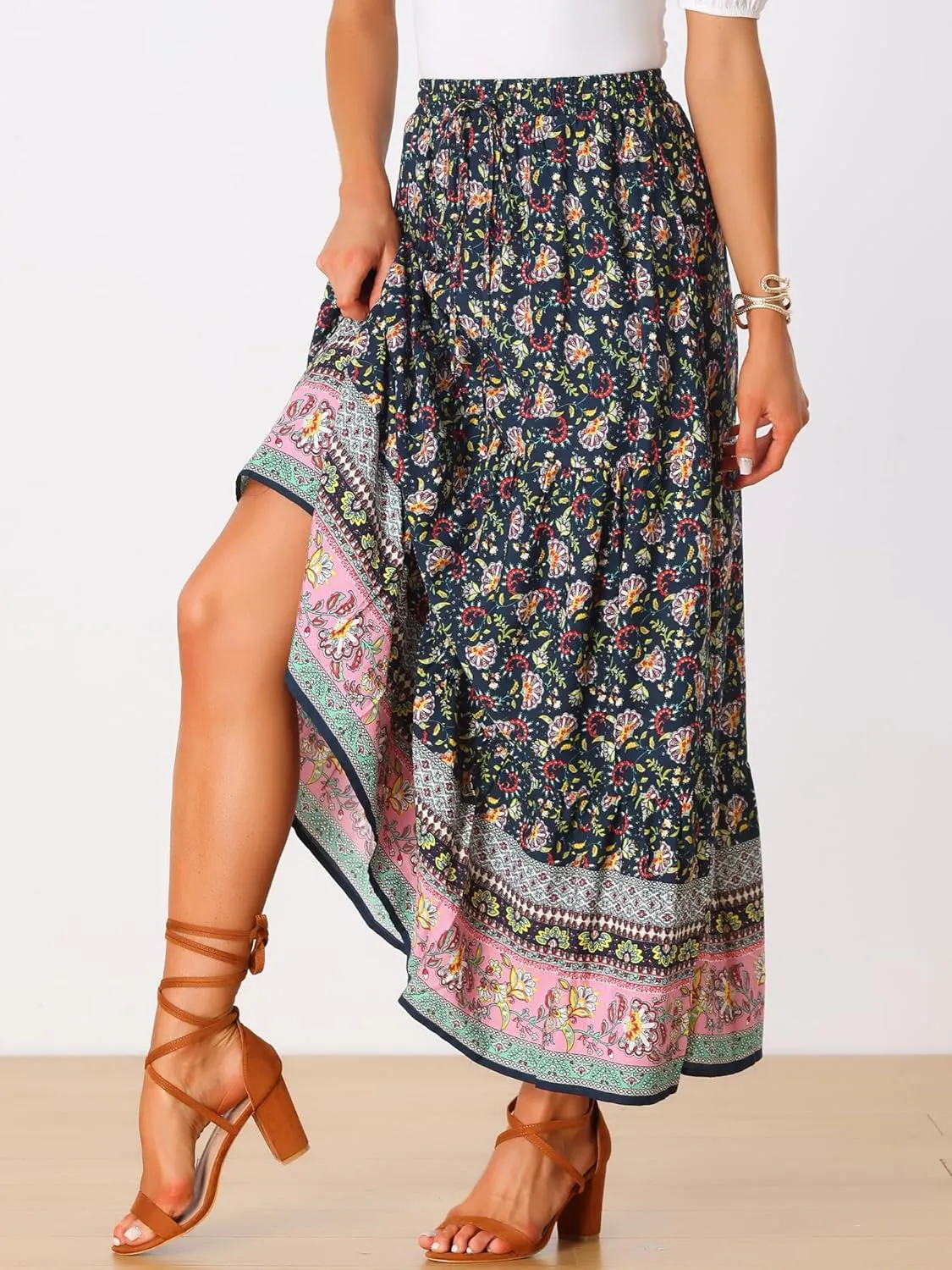 Allegra K Boho Skirt for Women's Flare Bohemian Floral Elastic Waist Flowy A-Line Vintage Casual Maxi Skirt