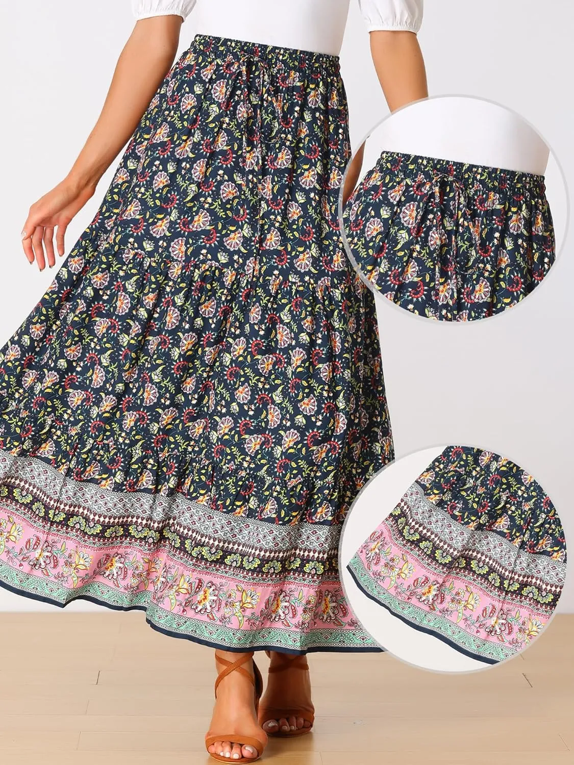 Allegra K Boho Skirt for Women's Flare Bohemian Floral Elastic Waist Flowy A-Line Vintage Casual Maxi Skirt